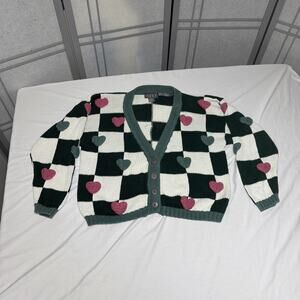 Vintage 90’s Hand Knit Heart Checkerboard Hand Knit Chunky Cardigan - Size M